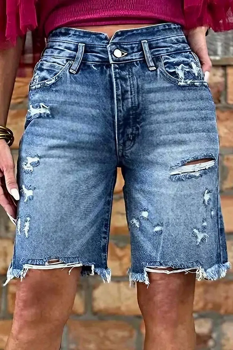 Raw Hem Ripped High Rise Bermuda Denim Shorts