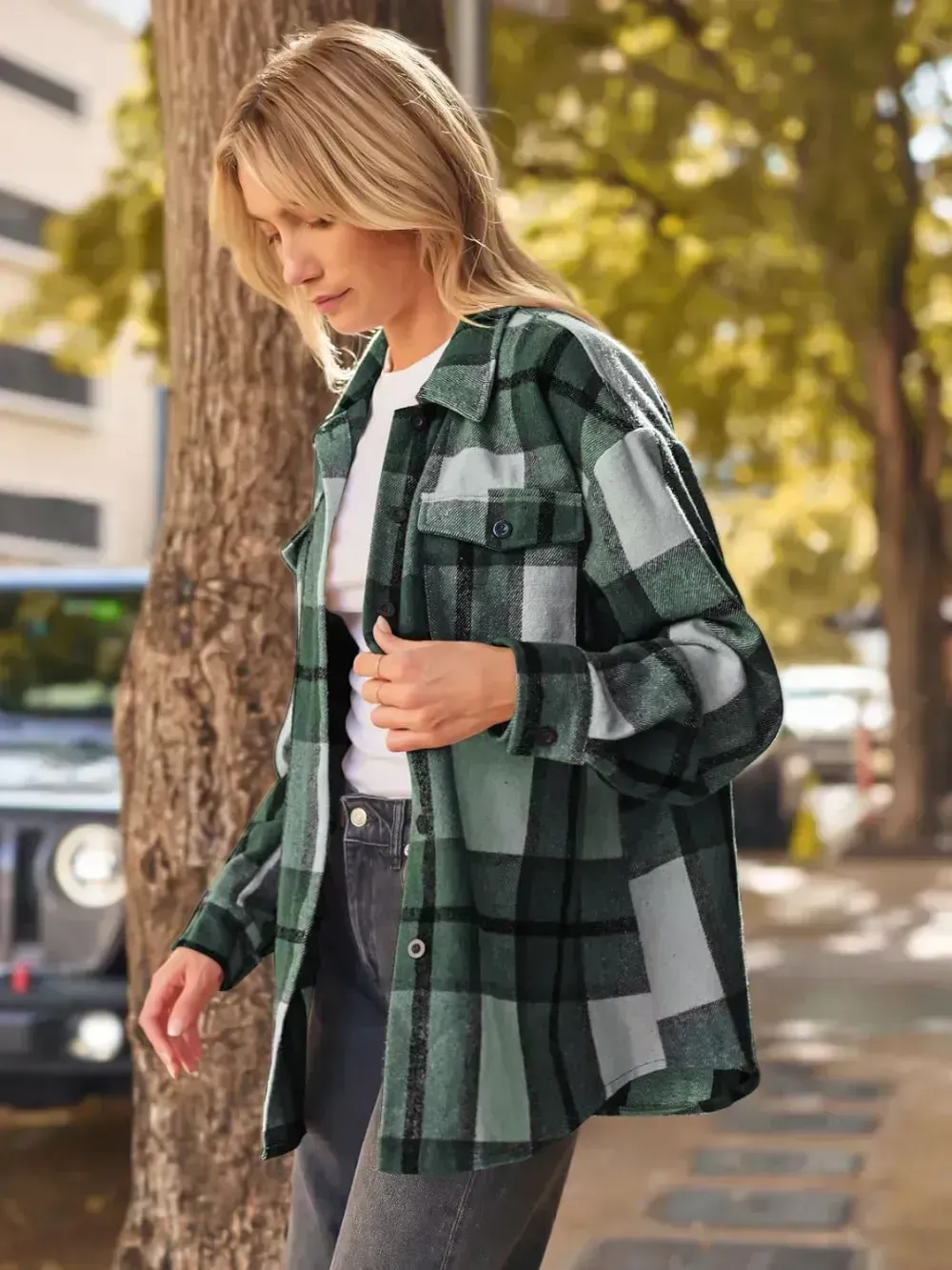 Womens Casual Plaid Shacket Button Down Long Sleeve Shirt
