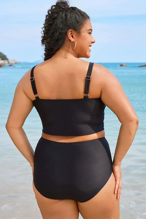 Plus Size Solid Black Crop Bikini Top