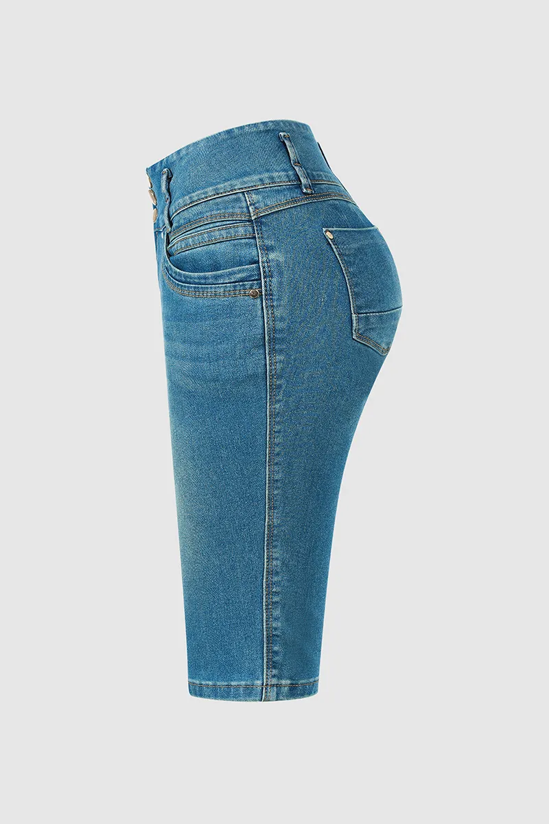 Button Fly Wash High Stretch Mid Waist Capri Jeans