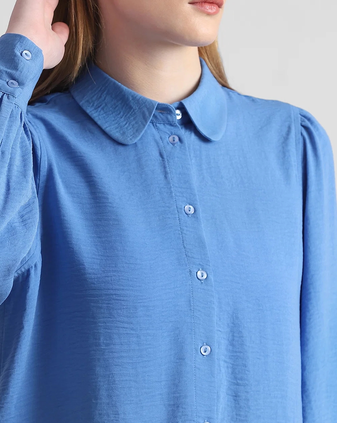 Light Blue Puff Sleeve Textured Shirt with Floral Embroidery