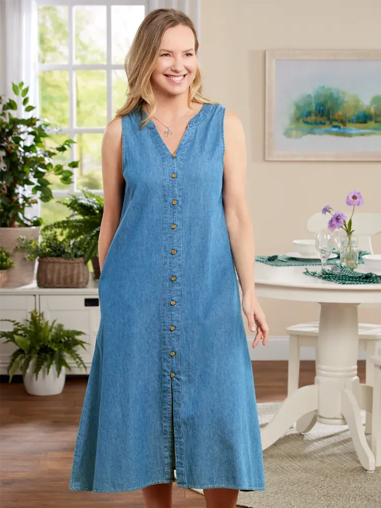 Ella Simone Sleeveless Lightweight Denim Midi Dress