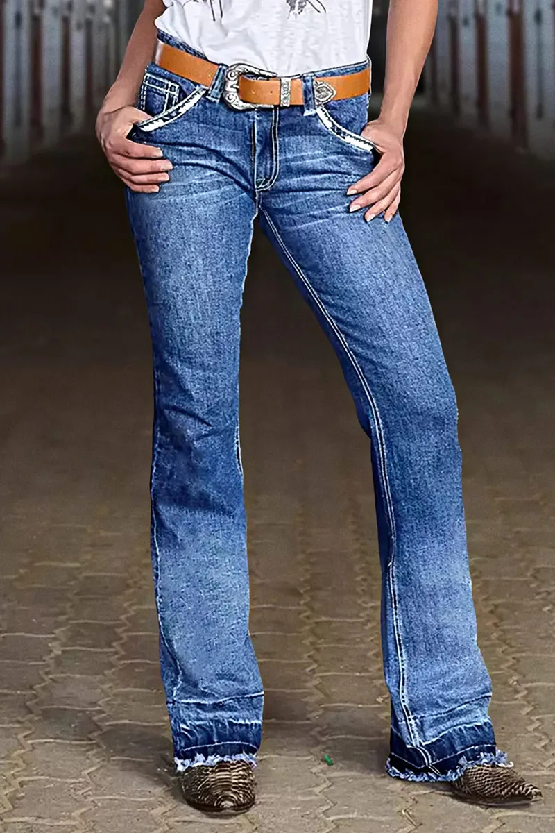Wash Stitch Detail Raw Hem Mid Rise Bootcut Jeans Without Belt
