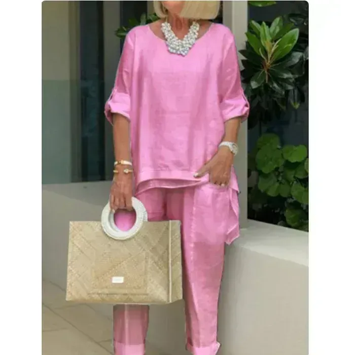 Women's Casual Solid Linen Sleeve Top Slacks Suit