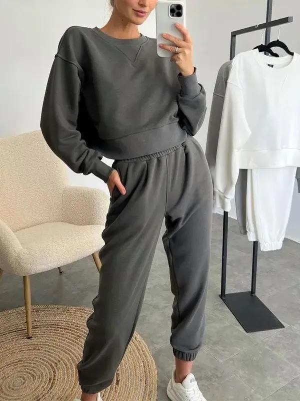 Women's Round Neck Solid Color Sports Two-piece Suit