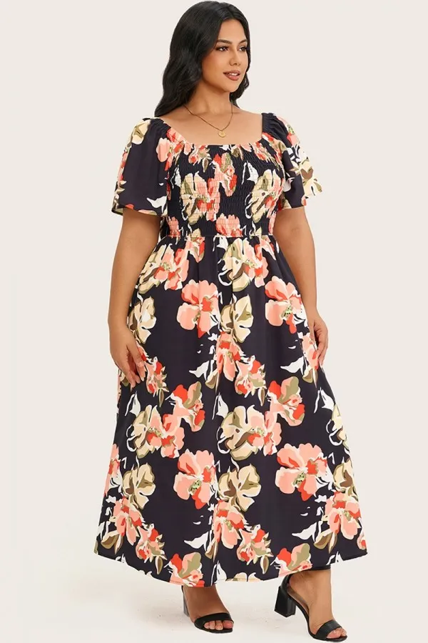 Floral Shirred Square Neck Pocket Maxi Dress