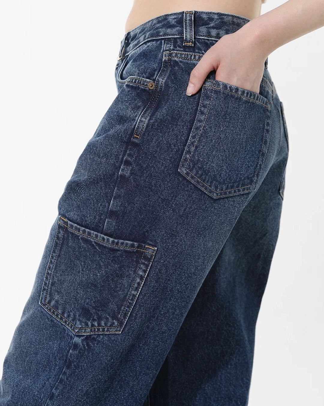 Dark Blue High Rise Carpenter Jeans with Orange Floral Hem