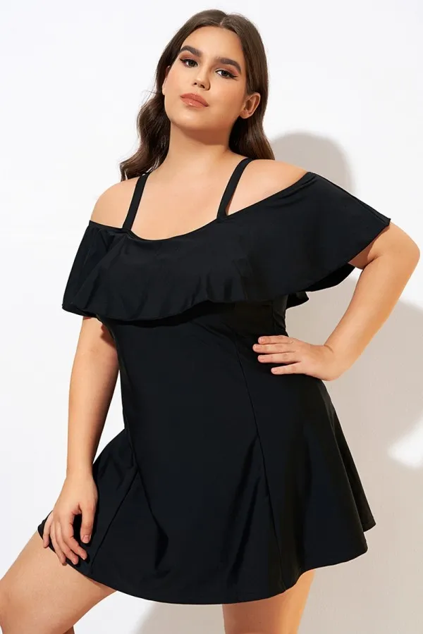 Solid Black Adjustable Straps Women Swimdress