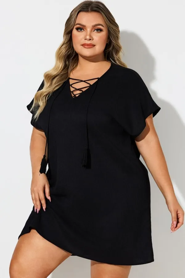 Black V-Neck Lace Up Cover Up Dress