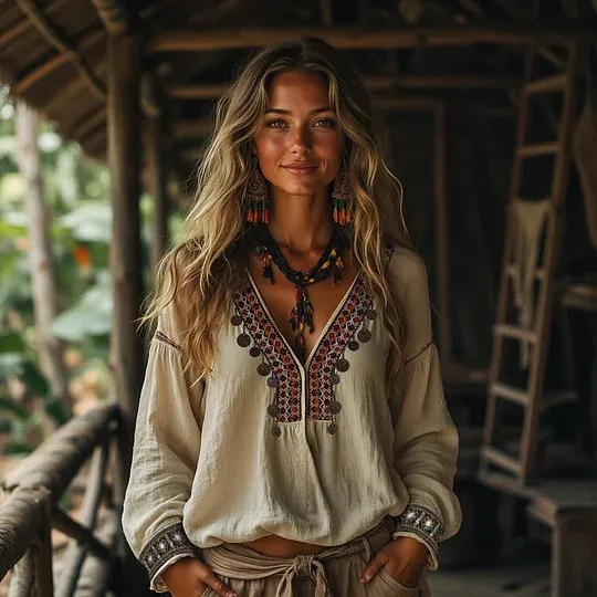 Casual Ethnic Style Embroidered Linen Round Neck Long Sleeve Shirt