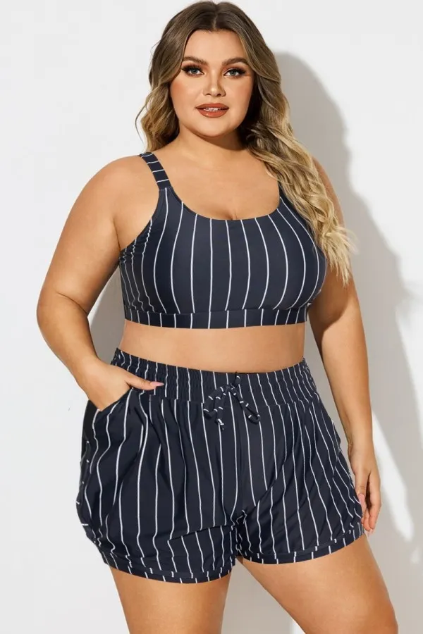 Plus Size Green Check Pinstripe Bikini Top