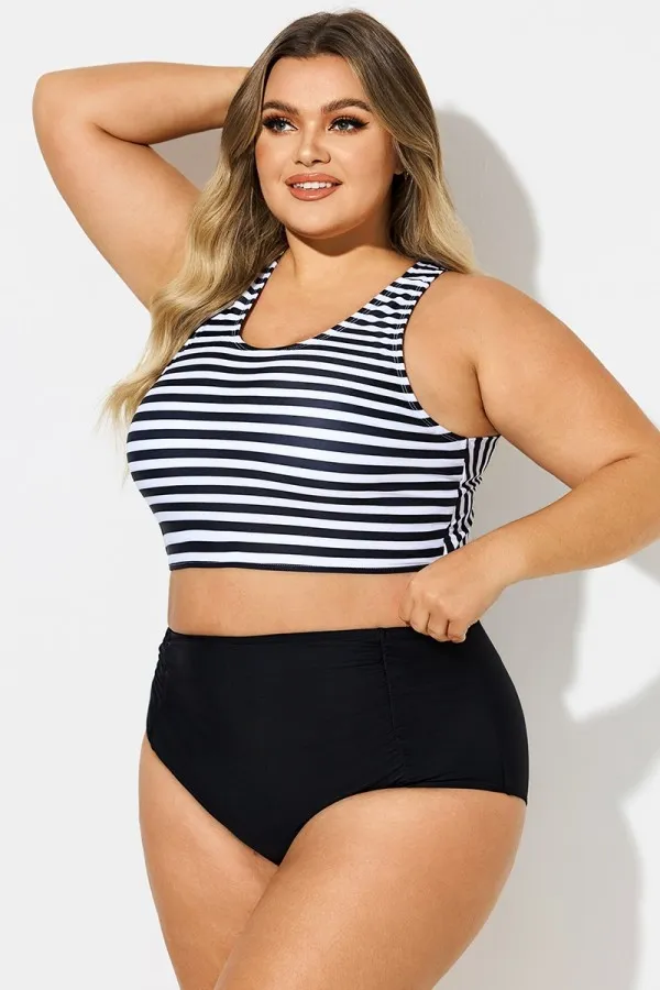 Round Neck Black & White Striped Criss Cross Bikini Top