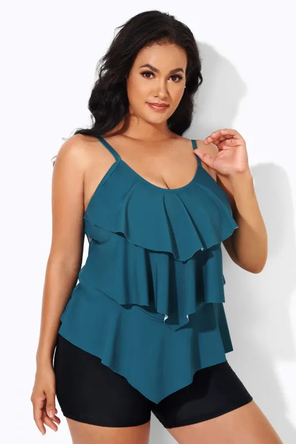 Plus Size Colorblock V-Neck Ruffle Women Tankini Top