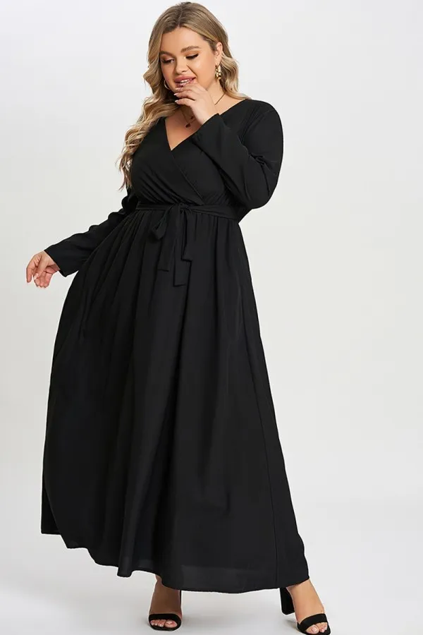 Solid Black Pocket Knotted Wrap Women Dress