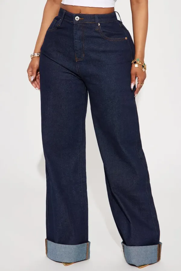 The Audacity Cuffed Wide Leg Jeans - Dark Wash