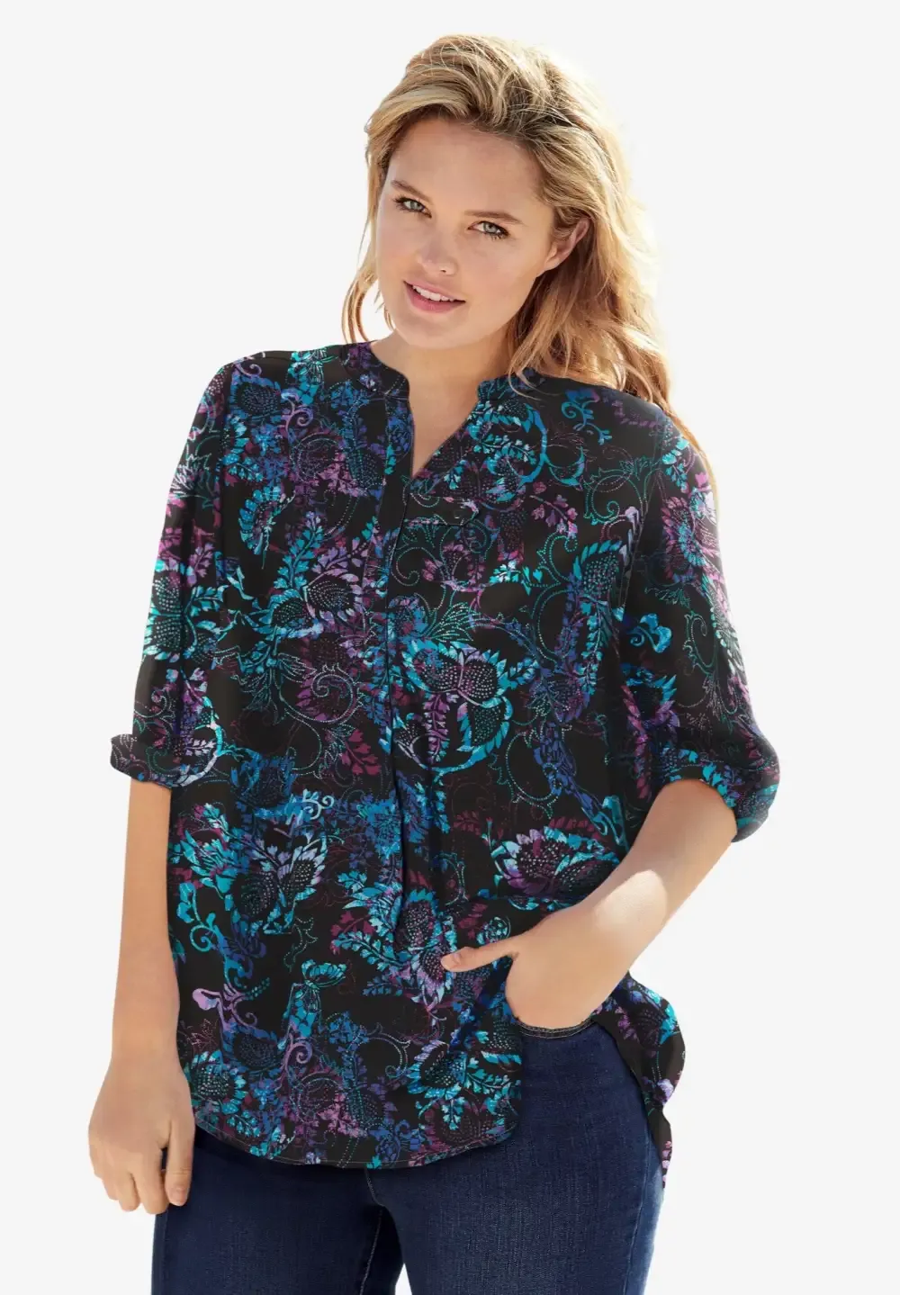 Rayon 7-Day Three-Quarter Sleeve Tab-Front Tunic
