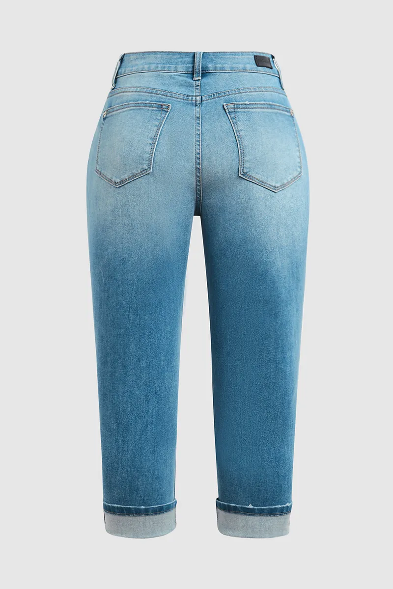 Wash Stretchy Roll Hem Mid Waist Capri Jeans