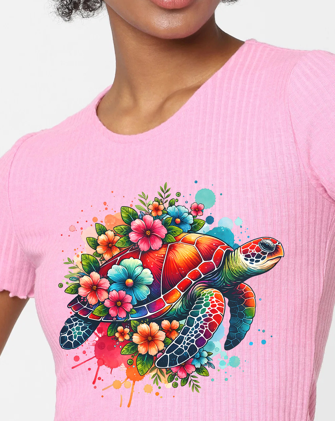 Pink Ribbed Turtle Print Cropped T-Shirt