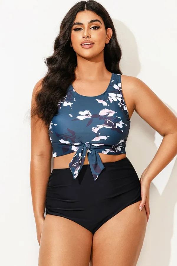 Green Floral Print Knotted Crop Bikini Top