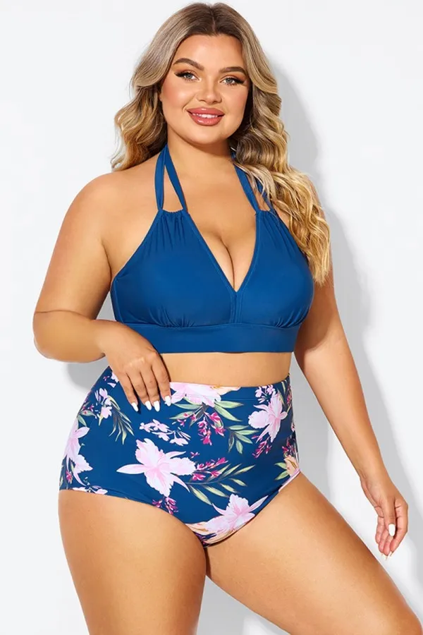 Black and Purple Printed Halter Sexy Bikini Set