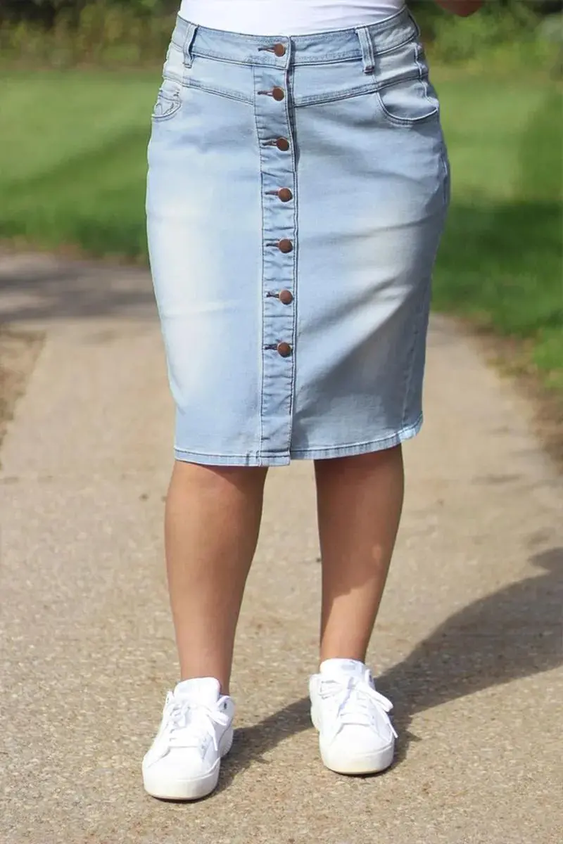 Wash Button Down Stitch Detail Denim Skirt