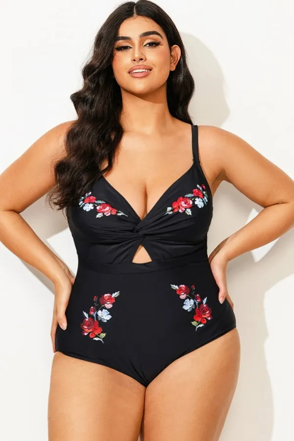 Black Flower Adjustable Straps Cut Out Front One Piece Swimsuit
