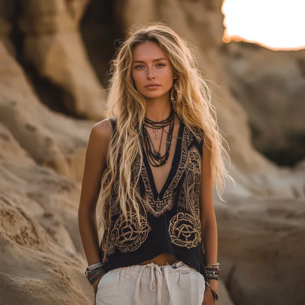 Women's Viking Tribal And Celtic Knot Pattern Art Linen Sleeveless Top