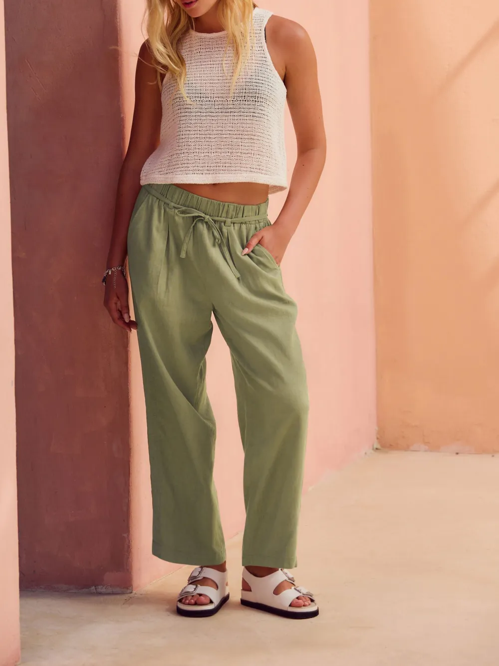 Tie Waist Belt Bucket Leg Linen Blend Pants