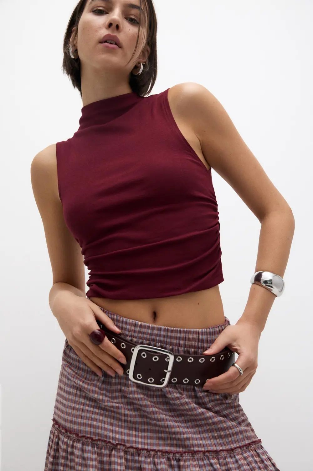 High neck gathered top
