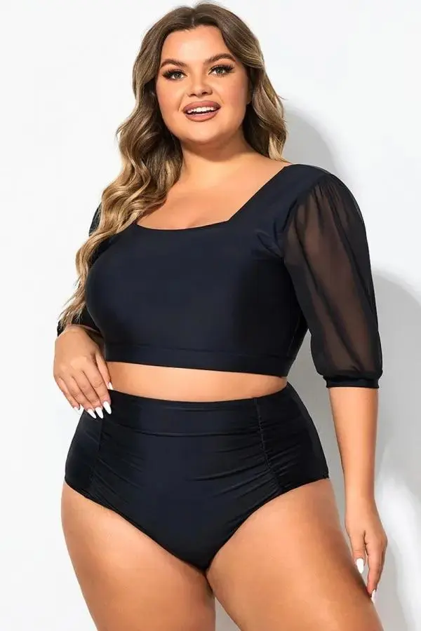 Square Neck Short Mesh Puff Sleeve Bikini Top