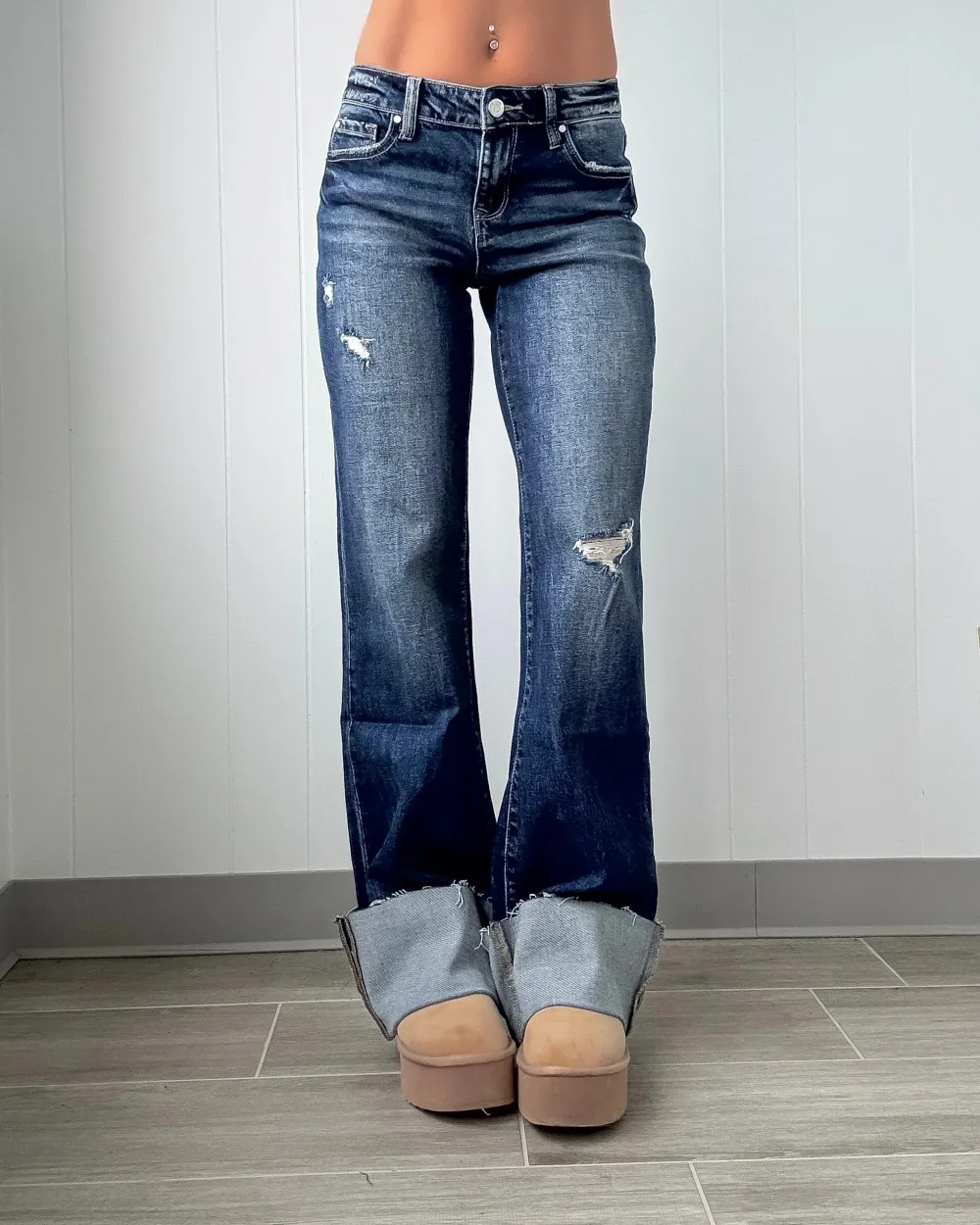 Flare Cuffed Hem Jeans - Dark Wash