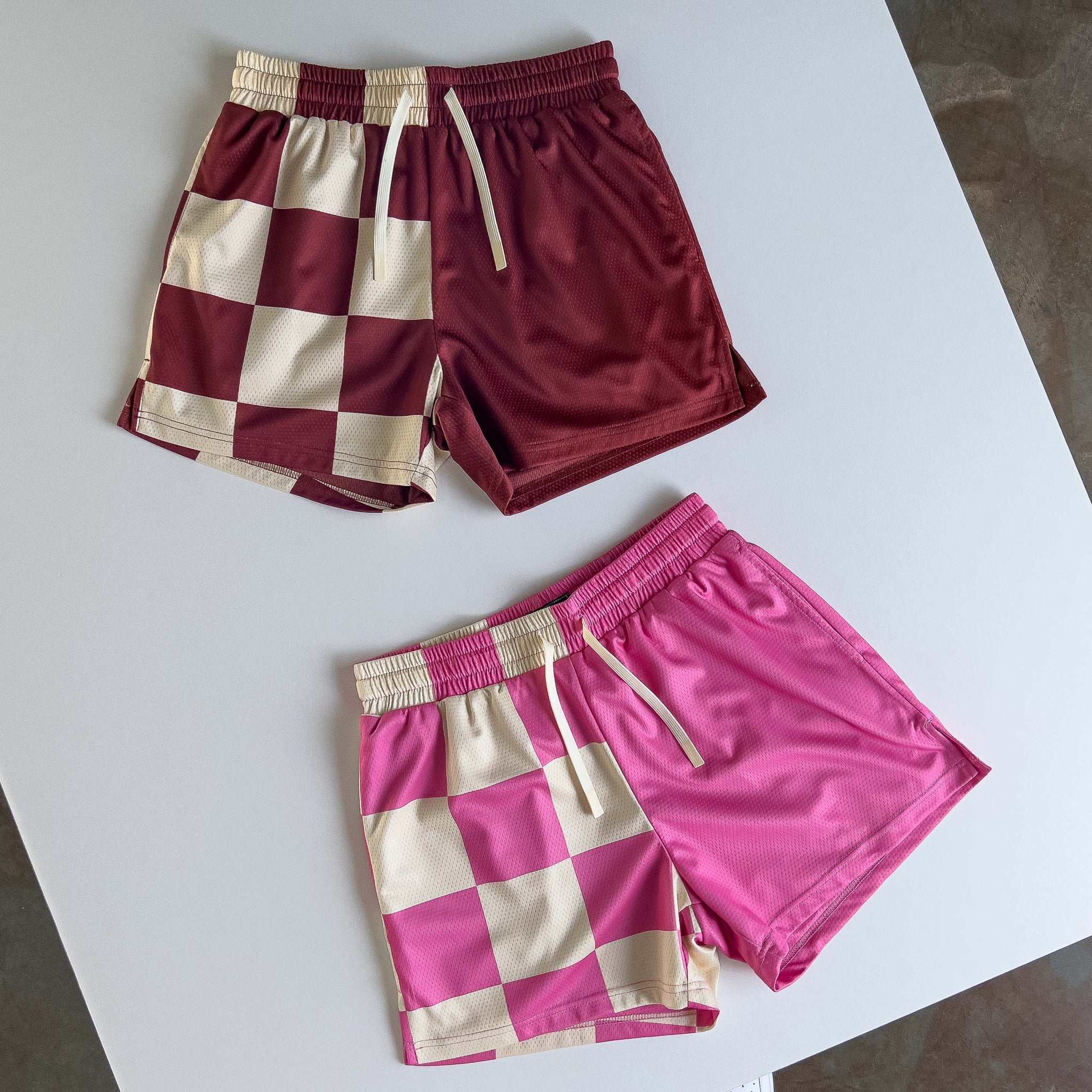 MUAY THAI SHORTS (MID THIGH CUT) CHECKER - RED / CREAM