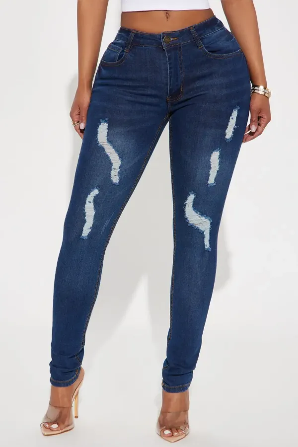 The Only One Ripped Mid Rise Skinny Jeans - Dark Wash