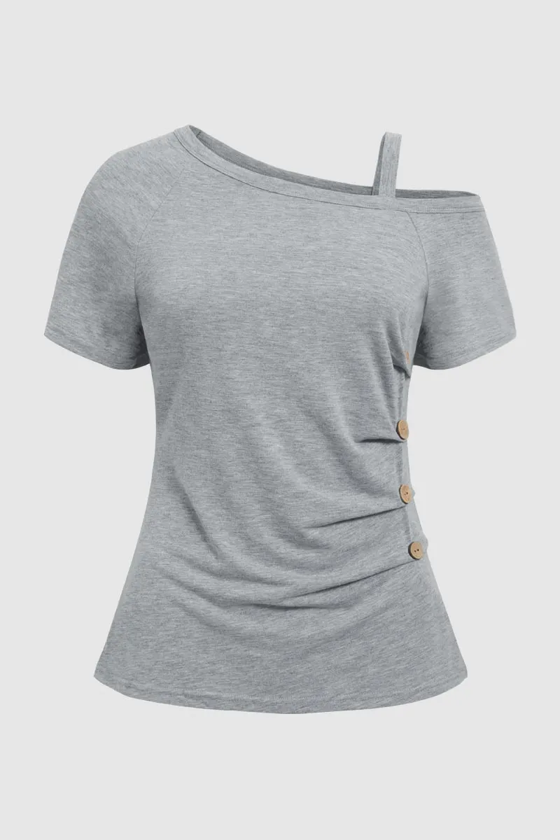 Solid Pleated Button Decor Asymmetrical Neck T-Shirt