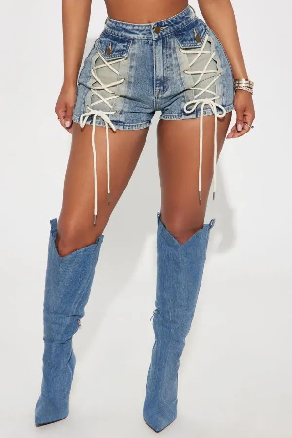 Reaching New Levels Lace Up Denim Shorts - Vintage Wash