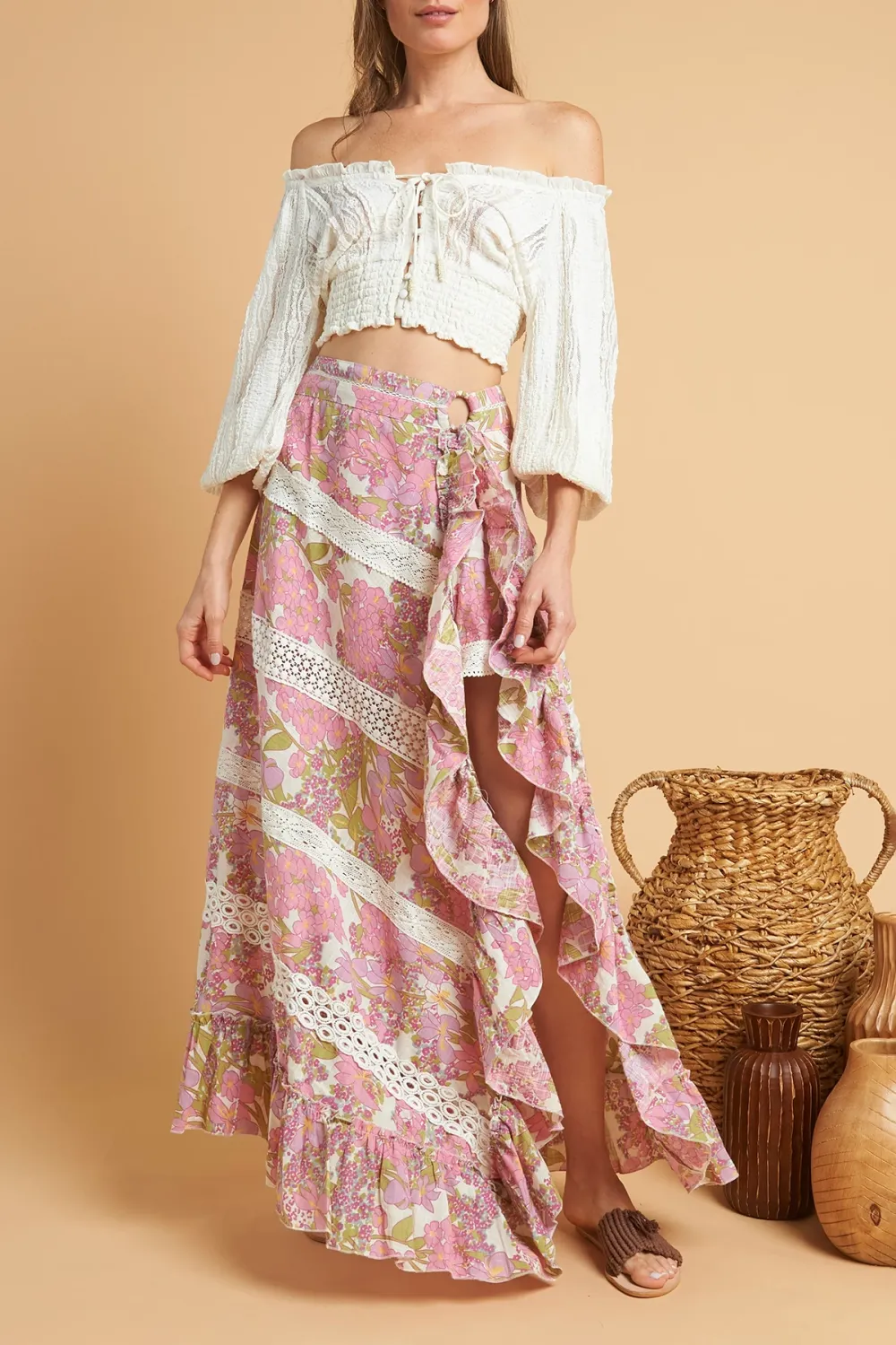 Pink And White Floral Print Split Maxi Skirt