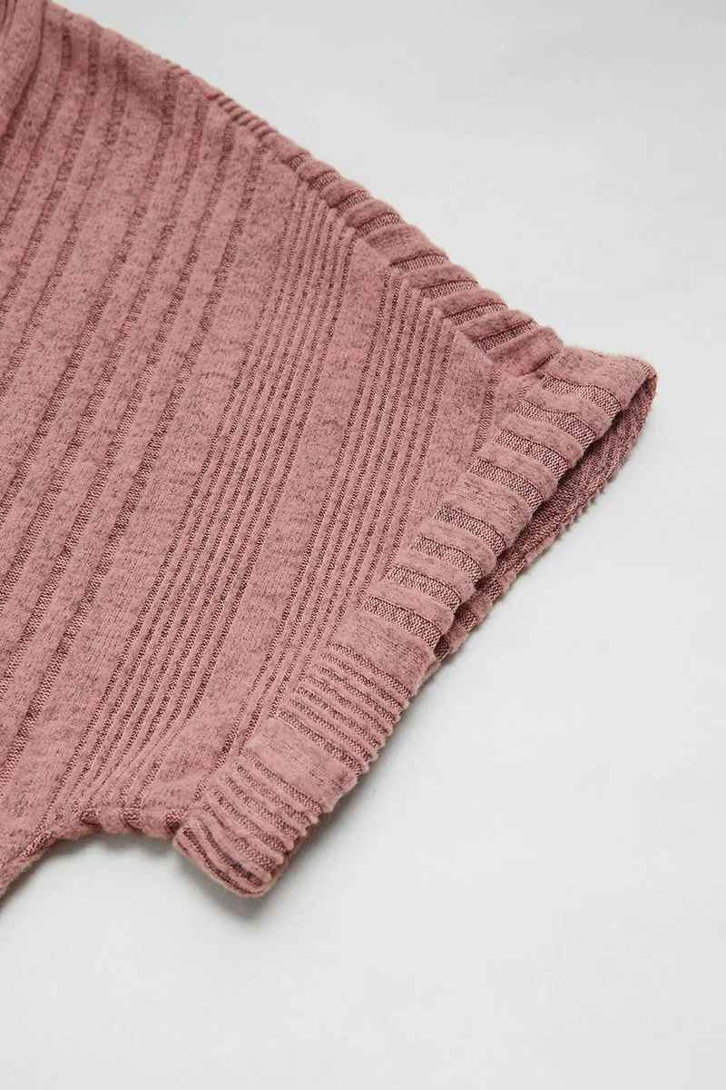 Solid Rib-Knit Decorative Button Short Dolman Sleeve T-Shirt