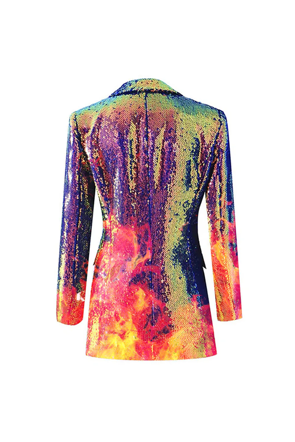 Iridescent Sequin Lapel Collar Long Sleeve Cinch Waist Metallic Party Blazer