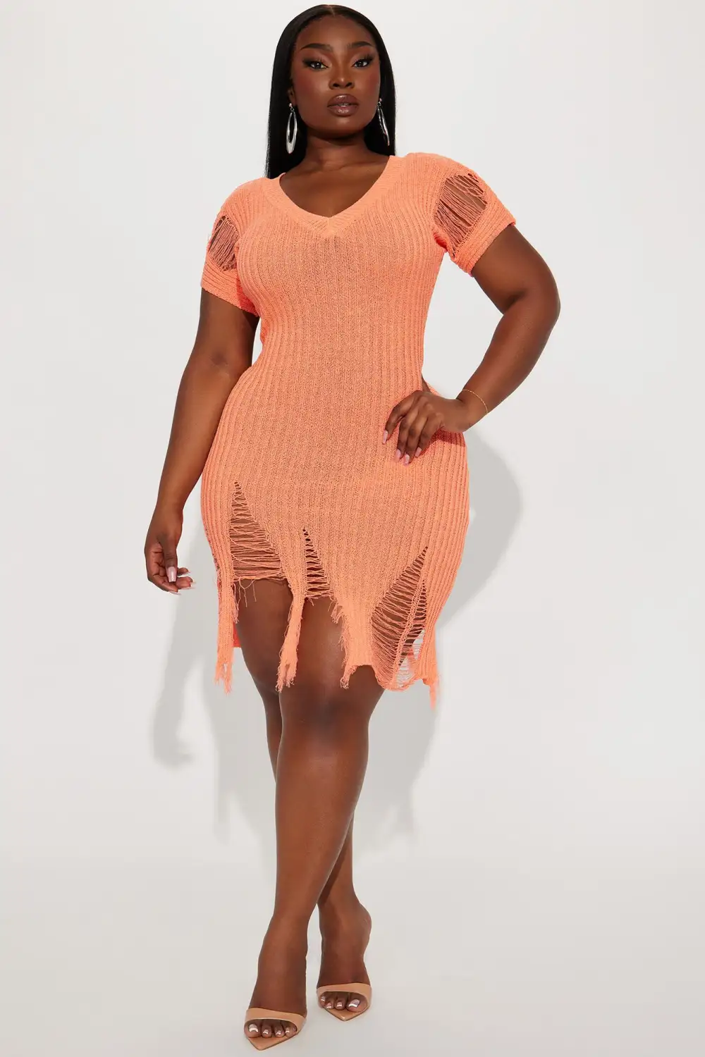 Distressed Sweater Midi Dress - Neon Orange