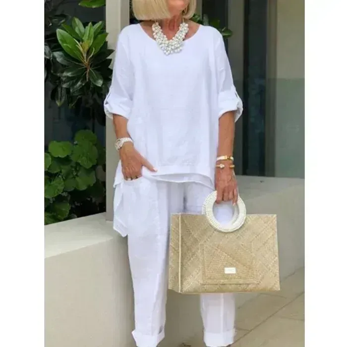 Women's Casual Solid Linen Sleeve Top Slacks Suit