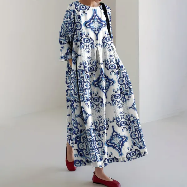 Greek Vacation Geometric Print Round Neck Loose Midi Dress