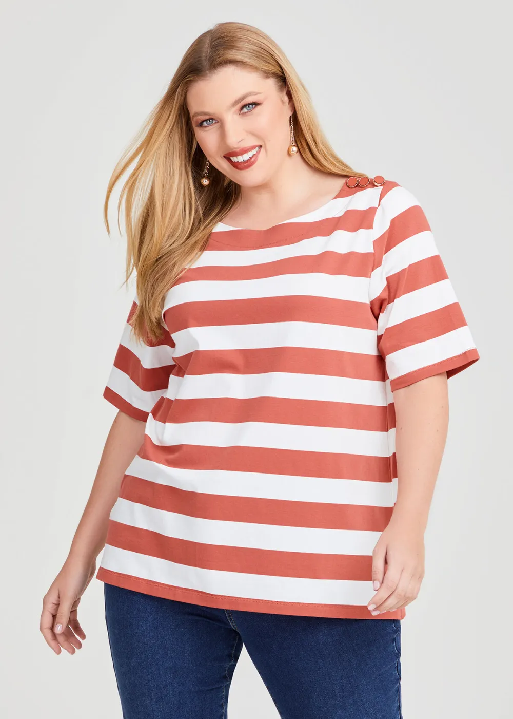 Cotton Block Stripe Button Top