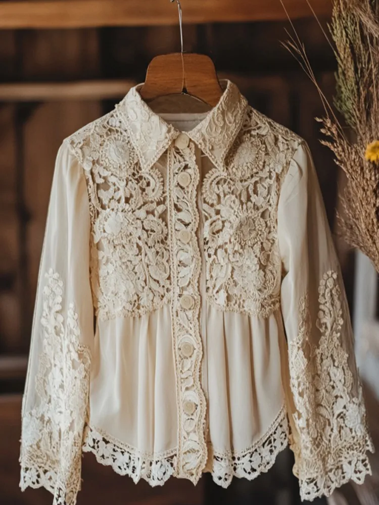 Women's Retro Lace Floral Embroidery Art Lapel Shirt