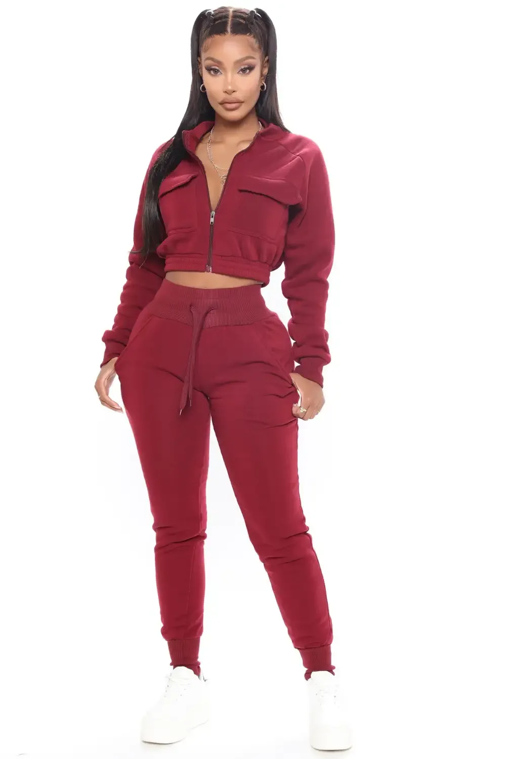 Crop Jacket Jogger Pant Fleece Set - Burgundy