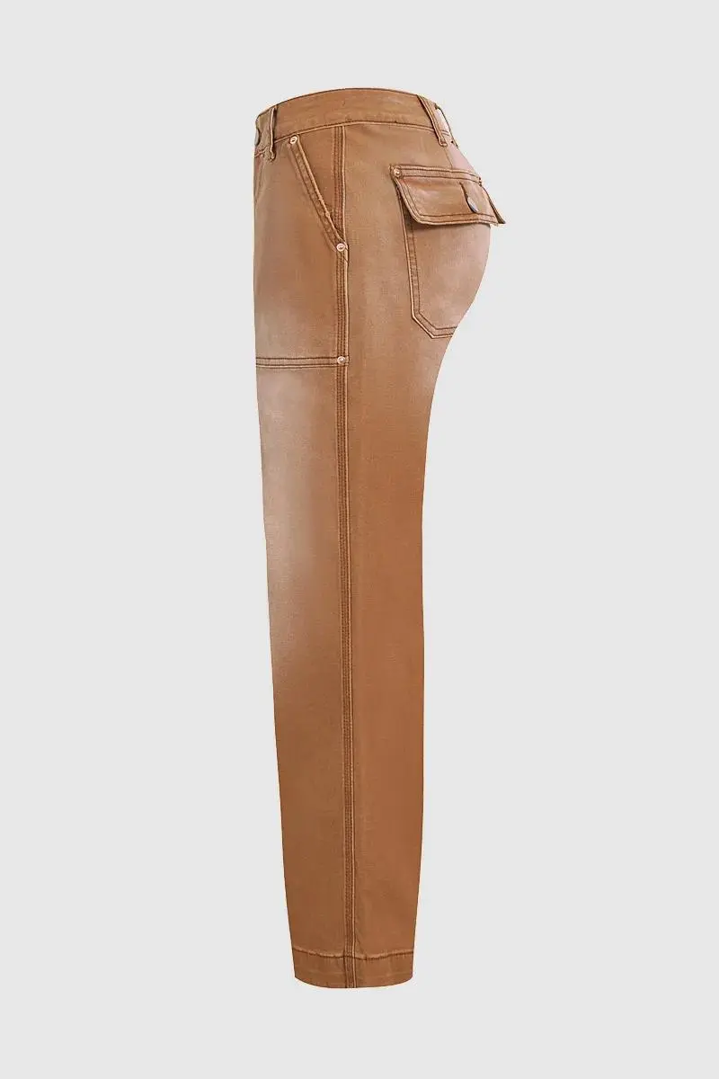 Flap Pocket Back Mid Waist Crop Pants Without Belt