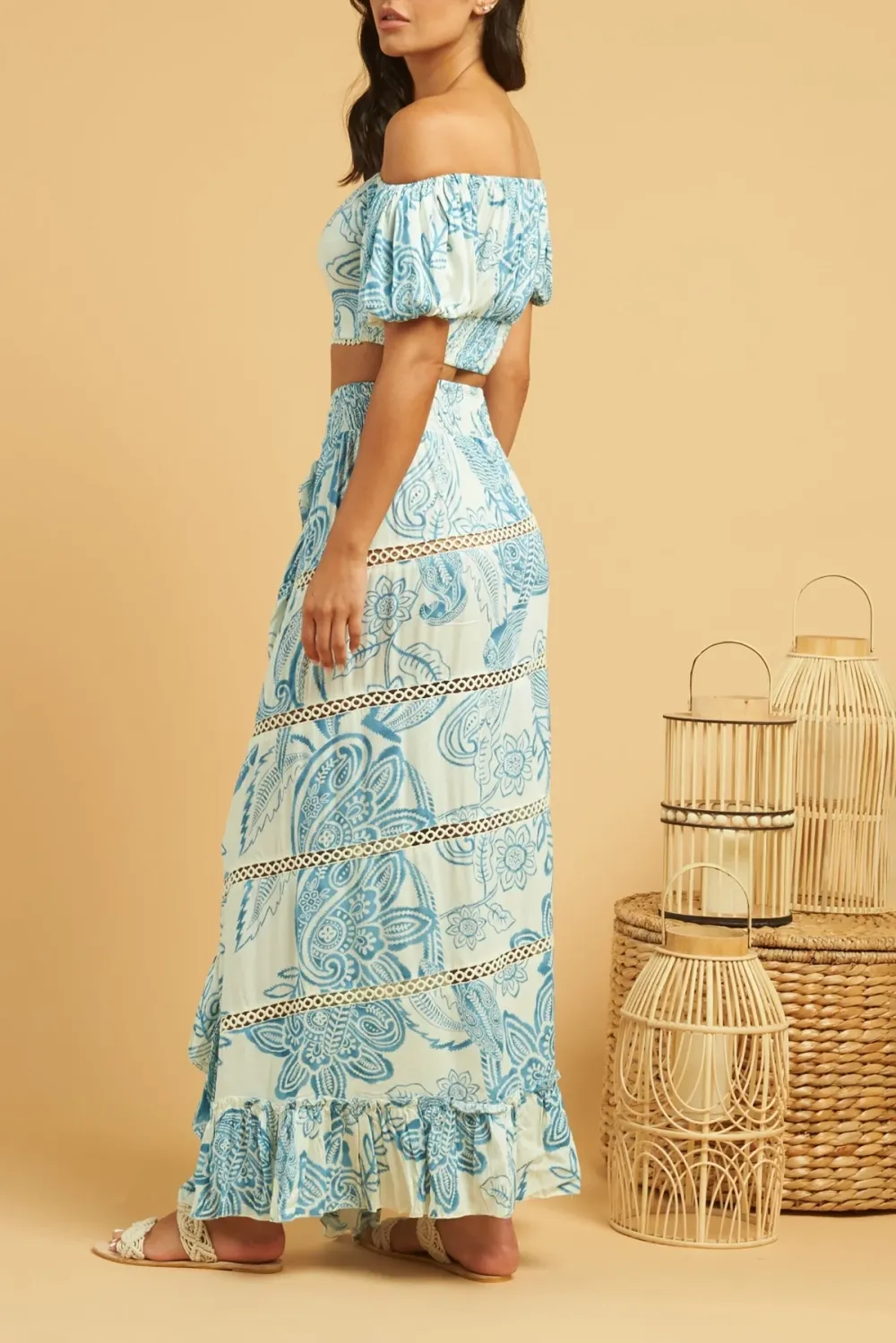 Blue And White Paisley Print High Slit Maxi Skirt