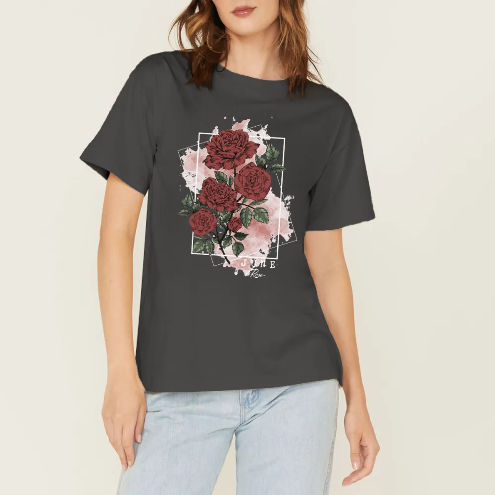 “June”, “Flor”, A Floral Pattern With Deep Red Roses And Green Leaves On A Light Pink Watercolor Background Framed By A Black Square, Casual T-Shirt