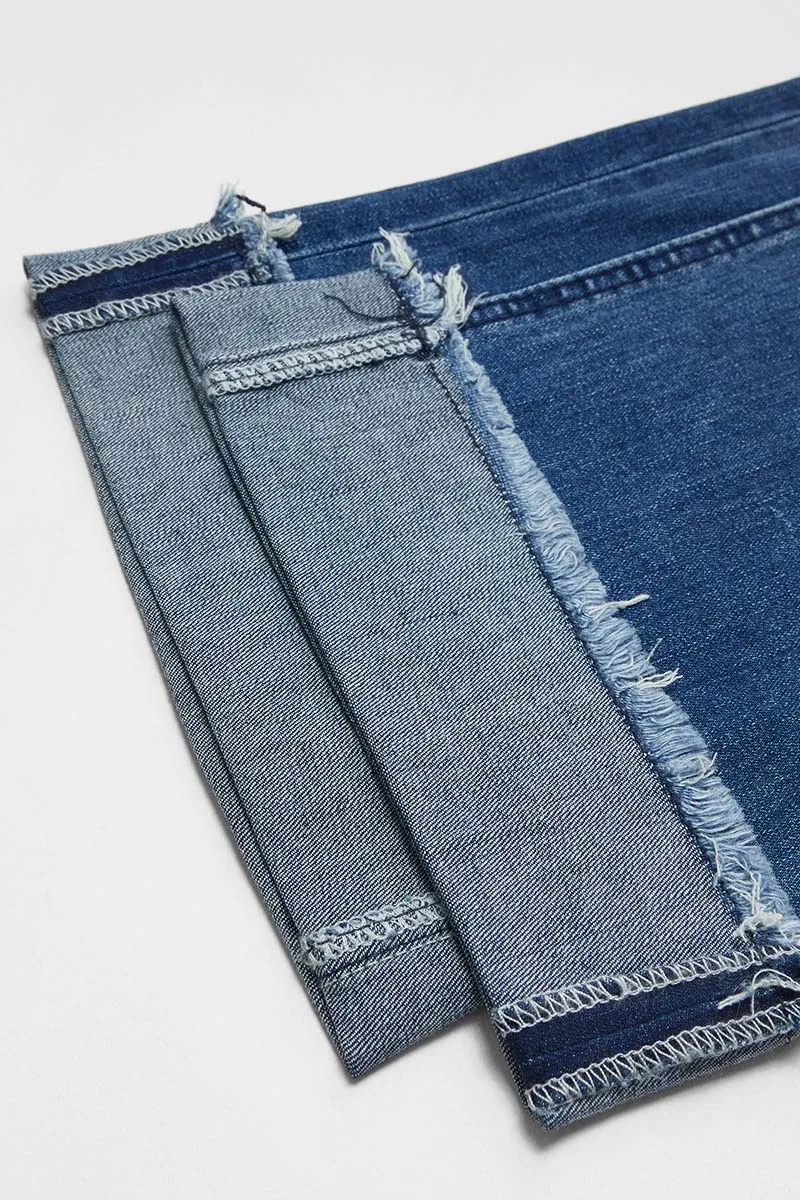 Wash Raw Roll Hem Wrap Mid Waist Straight Leg Jeans