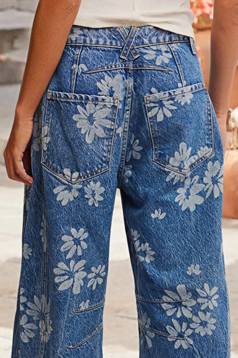Floral Printed Stitch Detail Criss Cross Mid Waist Barrel Leg Jeans