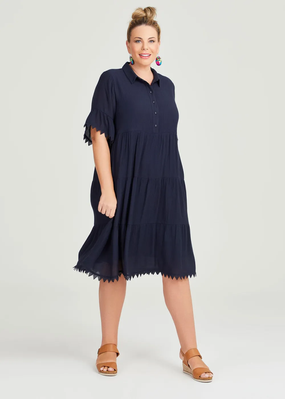 Natural Tiered Lace Trim Dress